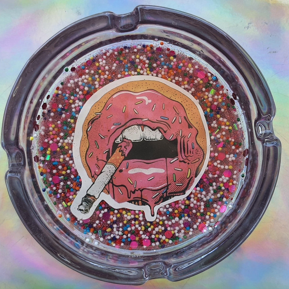 Glass Ashtray With Sprinkles And Cigarettes